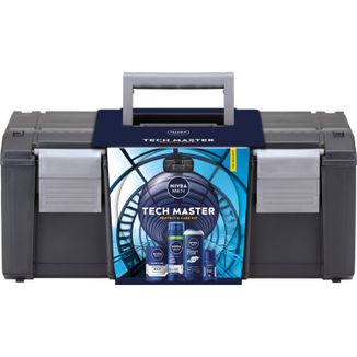 Zestaw Nivea Men Tech Master, żel pod prysznic 3w1, 250 ml + antyperspirant, roll-on, 50 ml + pianka do golenia, 200 ml + balsam po goleniu, 100 ml + skrzynka USZKODZONE OPAKOWANIE - zdjęcie produktu