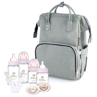 Zestaw Canpol Babies, plecak dla mamy z funkcją przypięcia do wózka, szary + Baby Royal Baby Set Girl, wyprawka dla noworodka, 1 sztuka - zdjęcie produktu