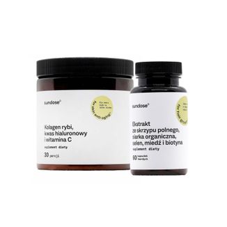 Zestaw Sundose For Skin Anti-Aging, kolagen rybi, kwas hialuronowy i witamina C, smak pomarańczowy, 309,04 g + For Hair Growth, 60 kapsułek - zdjęcie produktu