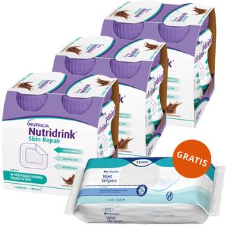 Zestaw Nutridrink Skin Repair, preparat odżywczy, smak czekoladowy, 12 x 200 ml + Tena Wet Wipes Orginal, chusteczki nawilżane do higieny osobistej, 48 sztuk gratis - zdjęcie produktu