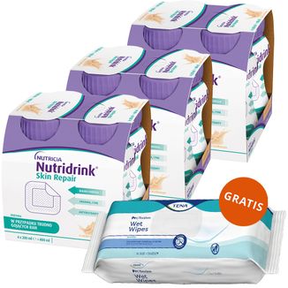 Zestaw Nutridrink Skin Repair, preparat odżywczy, smak waniliowy, 12 x 200 ml + Tena Wet Wipes Orginal, chusteczki nawilżane do higieny osobistej, 48 sztuk gratis - zdjęcie produktu