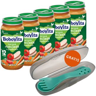 Zestaw BoboVita Obiadek, warzywa z kurczakiem w pomidorach, po 12 miesiącu, 5 x 250 g + Canpol, zestaw sztućców w etui, dla dzieci, gratis - zdjęcie produktu