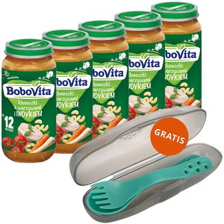 Zestaw BoboVita Obiadek, kluseczki z warzywami i indykiem, po 12 miesiącu, 5 x 250 g + Canpol, zestaw sztućców w etui, dla dzieci, gratis - zdjęcie produktu