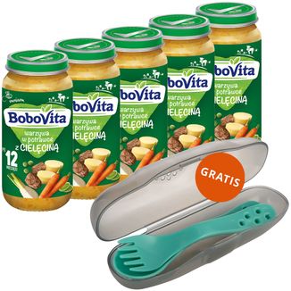 Zestaw BoboVita Obiadek, warzywa w potrawce z cielęciną, po 12 miesiącu, 5 x 250 g + Canpol, zestaw sztućców w etui, dla dzieci, gratis - zdjęcie produktu