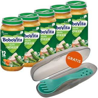 Zestaw BoboVita Obiadek, risotto z indykiem, po 12 miesiącu, 5 x 250 g + Canpol, zestaw sztućców w etui, dla dzieci, gratis - zdjęcie produktu