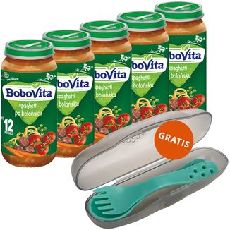 Zestaw BoboVita Obiadek, spaghetti po bolońsku, po 12 miesiącu, 5 x 250 g + Canpol, zestaw sztućców w etui, dla dzieci, gratis - zdjęcie produktu