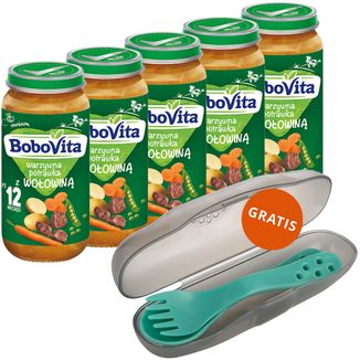 Zestaw BoboVita Obiadek, warzywna potrawka z wołowiną, po 12 miesiącu, 5 x 250 g + Canpol, zestaw sztućców w etui, dla dzieci, gratis - zdjęcie produktu