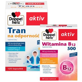 Zestaw Doppelherz aktiv Tran na odporność, 120 kapsułek + Witamina B12 500, 30 tabletek - zdjęcie produktu