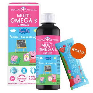 MultiOmega 3 Junior, płyn dla dzieci powyżej 3 lat, smak owoców tropikalnych, 250 ml + Lizak Witaminowy Bez Cukru Świnka Peppa, smak truskawkowy, od 3 lat, 8 g gratis - zdjęcie produktu