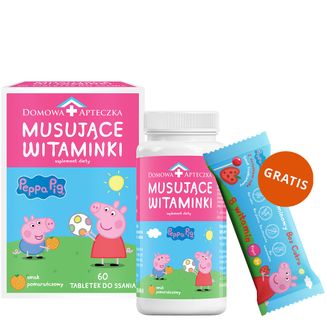 Musujące Witaminki Świnka Peppa, smak pomarańczowy, od 3 lat, 60 tabletek do ssania + Lizak Witaminowy Bez Cukru Świnka Peppa, smak truskawkowy, 8 g gratis Musujące Witaminki Świnka Peppa, smak pomarańczowy, od 3 lat, 60 tabletek do ssania + Lizak Witaminowy Bez Cukru Świnka Peppa, smak truskawkowy, 8 g gratis - zdjęcie produktu