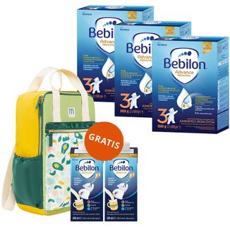 Zestaw Bebilon Advance Pronutra 3 Junior, odżywcza formuła na bazie mleka, po 1 roku, 3 x 1000 g + Mustela, plecak i Bebilon Junior do picia, 2 x 200 ml gratis - zdjęcie produktu
