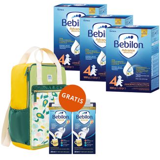 Zestaw Bebilon Advance Pronutra 4 Junior, odżywcza formuła na bazie mleka, po 2 roku, 3 x 1000 g + Mustela, plecak i Bebilon Junior do picia, 2 x 200 ml gratis - zdjęcie produktu