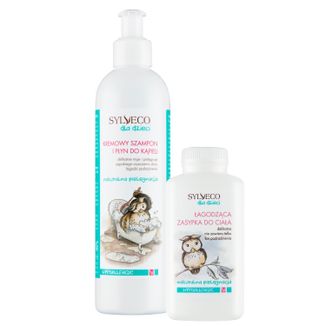 Zestaw Sylveco dla dzieci, szampon i płyn do kąpieli kremowy, od urodzenia, 300 ml + łagodząca zasypka do ciała, 100 g - zdjęcie produktu