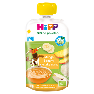 HiPP, mus owocowy, mango i banany z kaszką manną, po 6 miesiącu, 100 g - zdjęcie produktu