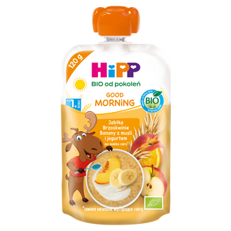 HiPP Good Morning, mus owocowy, jabłka, brzoskwinie i banany z musli i jogurtem, BIO, po 1 roku, 120 g - zdjęcie produktu