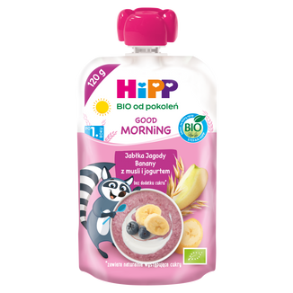 HiPP Good Morning, mus owocowy, jabłka, jagody i banany z musli i jogurtem, BIO, po 1 roku, 120 g - zdjęcie produktu