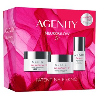 Zestaw Agenity 5° NeuroGlow 2025, modelujący krem odmładzający na dzień, SPF 20, 50 ml + naprawczy krem odmładzający na noc, 50 ml + odmładzający koncentrat peptydowy, 30 ml - zdjęcie produktu
