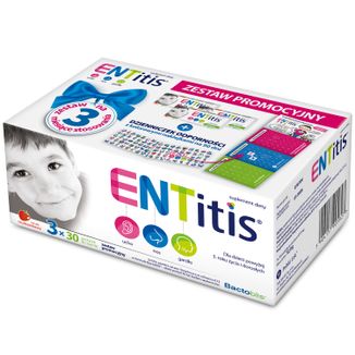 Zestaw ENTitis dla dzieci powyżej 3 roku życia, smak truskawkowy, 3 x 30 pastylek do ssania + dzienniczek odporności - zdjęcie produktu