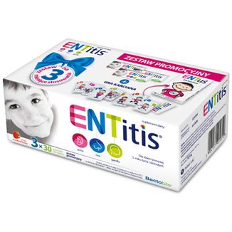 Zestaw ENTitis dla dzieci powyżej 3 roku życia, smak truskawkowy, 3 x 30 pastylek do ssania + gra karciana - zdjęcie produktu