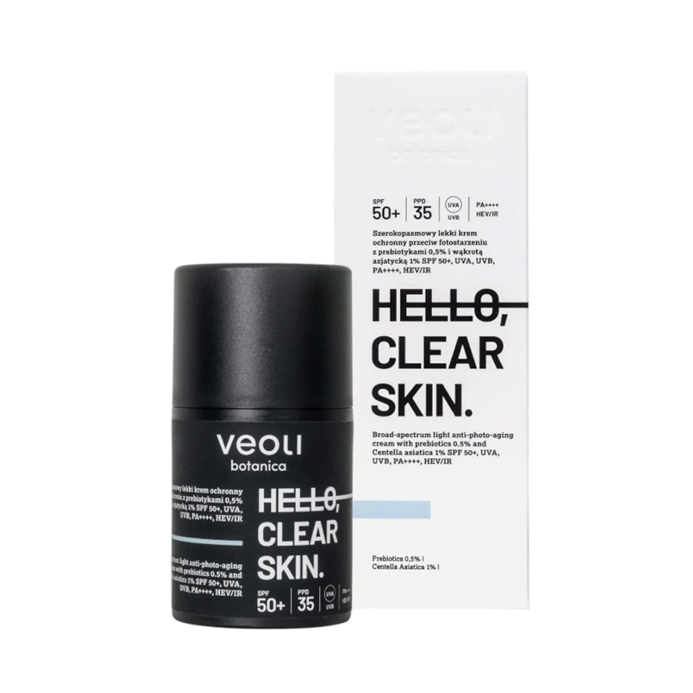 Nieznana Veoli Botanica Hello, Clear Skin, szerokopasmowy lekki krem ochronny przeciw fotostarzeniu, do skóry z niedoskonałościami, SPF 50+, 50 ml