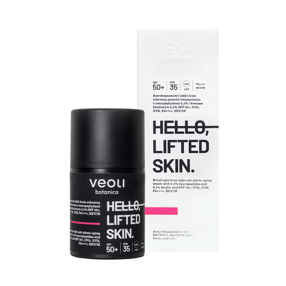 Nieznana Veoli Botanica Hello, Lifted Skin, szerokopasmowy lekki krem ochronny przeciw fotostarzeniu, do skóry z oznakami starzenia, SPF 50+, 50 ml