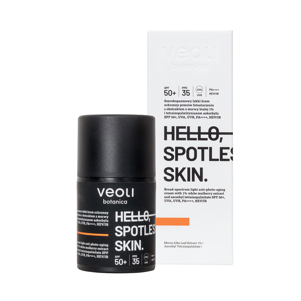 Nieznana Veoli Botanica Hello, Spotless Skin, szerokopasmowy lekki krem ochronny przeciw fotostarzeniu, do skóry z przebarwieniami, SPF 50+, 50 ml