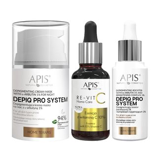 Zestaw Apis Depiq Pro System, depigmentująca kremo-maska na noc, 50 ml + esencja z witaminą C 10%, 30 ml + depigmentujący booster, 30 ml - zdjęcie produktu
