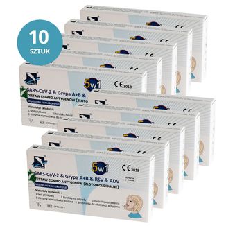 Deepblue, zestaw Combo antygenów 5w1, SARS-CoV-2 & Grypa A/B & RSV & ADV, test diagnostyczny na obecność 5 wirusów, 10 sztuk - zdjęcie produktu