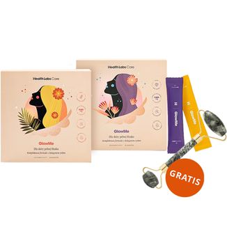 Zestaw Health Labs GlowMe, smak malinowy, 30 saszetek + smak ananas-mango, 30 saszetek +  roller do twarzy gratis - zdjęcie produktu