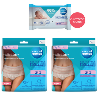 Zestaw Canpol Babies, oddychające majtki poporodowe 2w1, z podkładem, jednorazowe, rozmiar S/M, 2 x 5 sztuk + chusteczki nawilżane, 60 sztuk gratis - zdjęcie produktu
