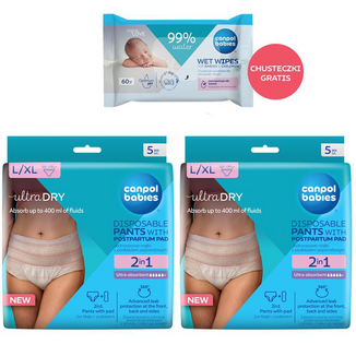 Zestaw Canpol Babies, oddychające majtki poporodowe 2w1, z podkładem, jednorazowe, rozmiar L/XL, 2 x 5 sztuk + chusteczki nawilżane, 60 sztuk gratis - zdjęcie produktu