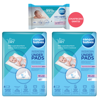 Zestaw Canpol Babies, wielofunkcyjnie podkłady higieniczne, jednorazowe, z paskami samoprzylepnymi, 90 cm x 60 cm, 2 x 10 sztuk + chusteczki nawilżane, 60 sztuk gratis - zdjęcie produktu