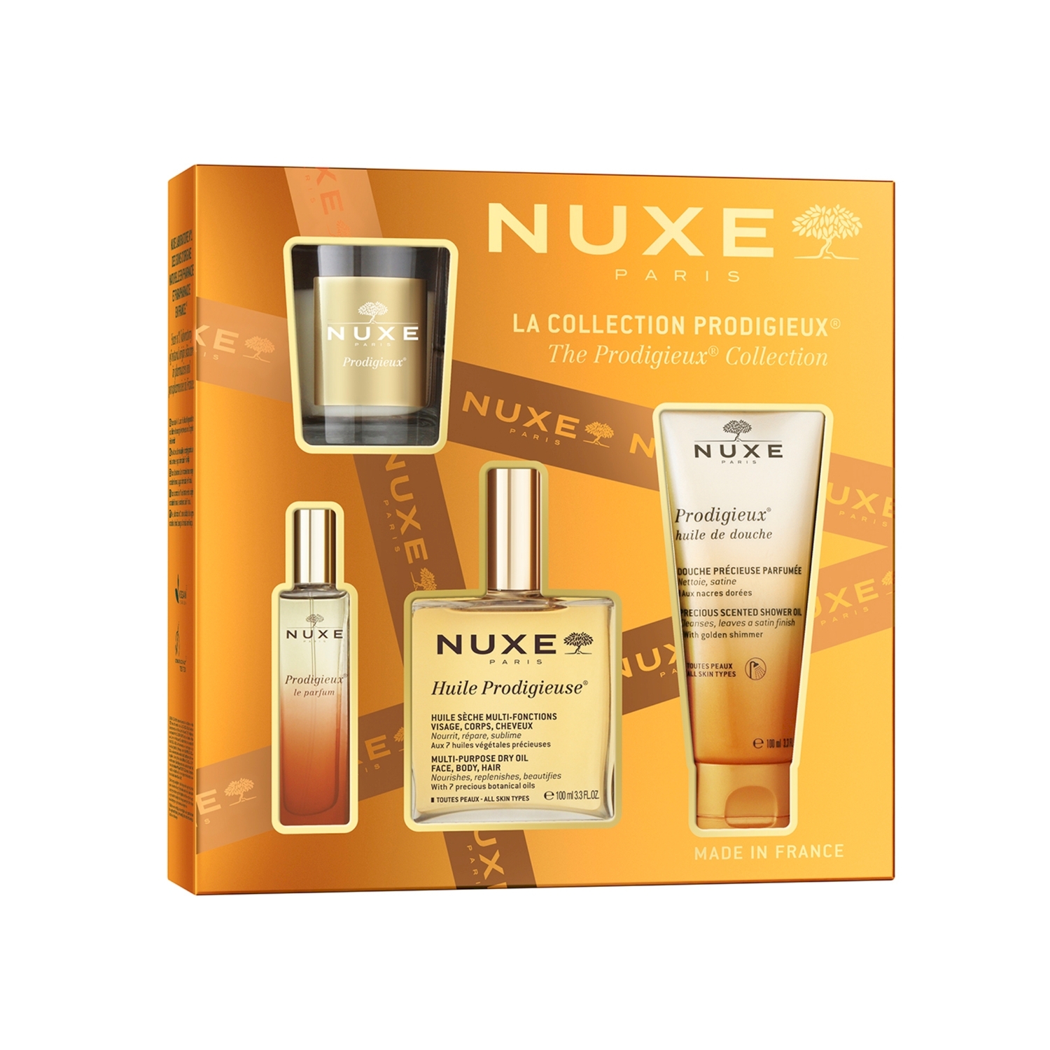Nieznana Zestaw Nuxe Huile Prodigieux, suchy olejek, 100 ml + perfumy, 15 ml + olejek pod prysznic ze złotymi drobinkami, 100 ml + świeca zapachowa, 70 g — Składniki i ocena