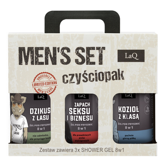 Zestaw LaQ Czyściopak męski Czarny, żel pod prysznic, Dzikus z Lasu, 500 ml + Zapach Seksu i Biznesu, 500 ml + Kozioł z Klasą, 500 ml USZKODZONE OPAKOWANIE Zestaw LaQ Czyściopak męski Czarny, żel pod prysznic, Dzikus z Lasu, 500 ml + Zapach Seksu i Biznesu, 500 ml + Kozioł z Klasą, 500 ml USZKODZONE OPAKOWANIE - zdjęcie produktu