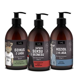 Zestaw LaQ Czyściopak męski Czarny, żel pod prysznic, Dzikus z Lasu, 500 ml + Zapach Seksu i Biznesu, 500 ml + Kozioł z Klasą, 500 ml - zdjęcie produktu