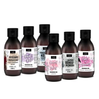 Zestaw LaQ Czyściopak Unisex Mini, żel pod prysznic, Piwonia + Magnolia + Niezapominajka + Zapachu Seksu i Biznesu + Ryszard z Bieszczad + Kozioł, 6 x 100 ml - zdjęcie produktu