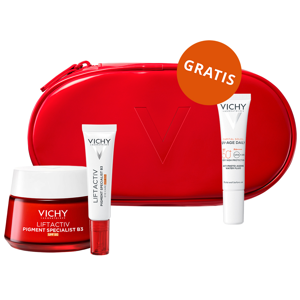 Vichy Zestaw Vichy Liftactiv Pigment Specjalist B3, krem redukujący przebarwienia, SPF 50, 50 ml + krem pod oczy, 15 ml + lekki fluid SPF 50+, 15 ml + kosmetyczka gratis