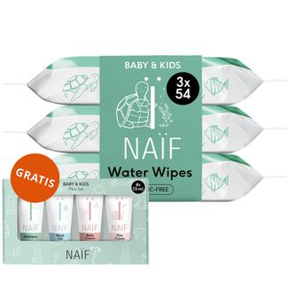Naif Baby & Kids, chusteczki nawilżane biodegradowalne, 99% wody, dla niemowląt i dzieci, 3 x 54 sztuki + zestaw mini Naif Baby&Kids, 4 x 15 ml gratis - zdjęcie produktu