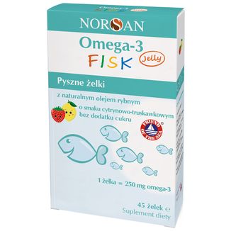 Norsan Omega-3 Fisk Jelly, żelki, smak cytrynowo-truskawkowy, bez dodatku cukru, 45 sztuk - zdjęcie produktu