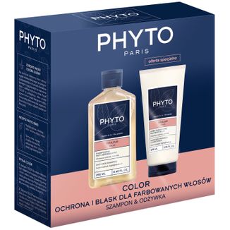 Zestaw Phyto Color do włosów farbowanych, szampon chroniący kolor, 250 ml + odżywka wzmacniająca blask, 175 ml Zestaw Phyto Color do włosów farbowanych, szampon chroniący kolor, 250 ml + odżywka wzmacniająca blask, 175 ml - zdjęcie produktu