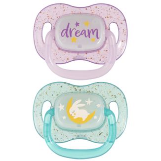 Canpol Babies, smoczek uspokajający, 6-18 miesięcy, silikonowy, symetryczny, Night Glow, fioletowy i niebieski, 2 sztuki - zdjęcie produktu