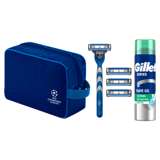 Zestaw Gillette Mach 3, maszynka, 1 sztuka + ostrza, 4 sztuki + żel do golenia, 200 ml + kosmetyczka Zestaw Gillette Mach 3, maszynka, 1 sztuka + ostrza, 4 sztuki + żel do golenia, 200 ml + kosmetyczka - zdjęcie produktu