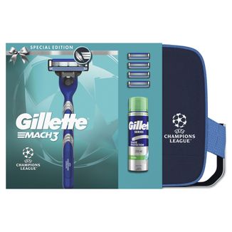 Zestaw Gillette Mach 3, maszynka do golenia, 1 sztuka + ostrza, 4 sztuki + żel do golenia, 200 ml + kosmetyczka Zestaw Gillette Mach 3, maszynka do golenia, 1 sztuka + ostrza, 4 sztuki + żel do golenia, 200 ml + kosmetyczka - zdjęcie produktu