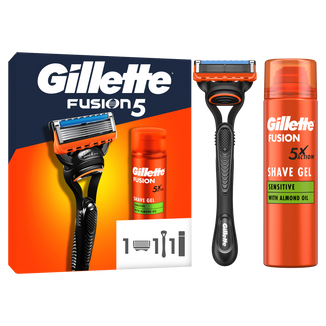 Zestaw Gillette Fusion 5, maszynka, 1 sztuka + ostrze, 1 sztuka + żel do golenia, 200 ml Zestaw Gillette Fusion 5, maszynka, 1 sztuka + ostrze, 1 sztuka + żel do golenia, 200 ml - zdjęcie produktu