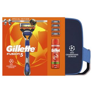 Zestaw Gillette Fusion 5, maszynka do golenia, 1 sztuka + ostrze, 4 sztuki + żel do golenia, 200 ml + kosmetyczka Zestaw Gillette Fusion 5, maszynka do golenia, 1 sztuka + ostrze, 4 sztuki + żel do golenia, 200 ml + kosmetyczka - zdjęcie produktu
