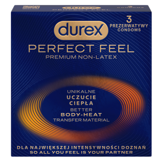 Durex Perfect Feel Premium Non-Latex, prezerwatywy nielateksowe, unikalne uczucie ciepła, 3 sztuki Durex Perfect Feel Premium Non-Latex, prezerwatywy nielateksowe, unikalne uczucie ciepła, 3 sztuki - zdjęcie produktu