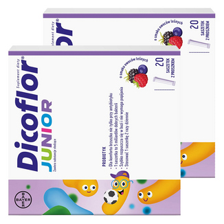 Zestaw Dicoflor Junior, dla dzieci od 3 lat i dorosłych, smak owoców leśnych, 2 x 20 saszetek - zdjęcie produktu