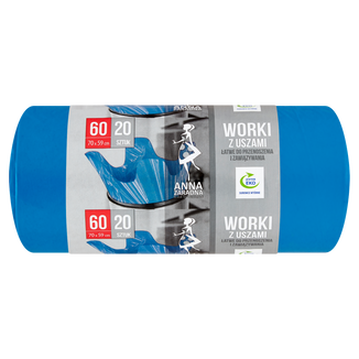 Anna Zaradna, worki na śmieci z uszami, niebieskie, 60 l, 20 sztuk - zdjęcie produktu