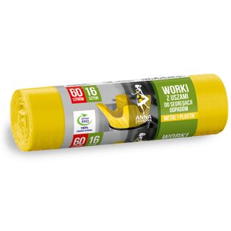 Anna Zaradna, worki do segregacji, plastik, z uszami, żółte, 60 l, 16 sztuk Anna Zaradna, worki do segregacji, plastik, z uszami, żółte, 60 l, 16 sztuk - zdjęcie produktu