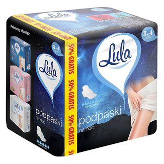 Lula, podpaski ze skrzydełkami, na noc, 8 + 4 sztuki Lula, podpaski ze skrzydełkami, na noc, 8 + 4 sztuki - zdjęcie produktu
